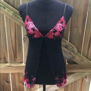 ACT Sheer Black & Pink Floral Split Front Teddy